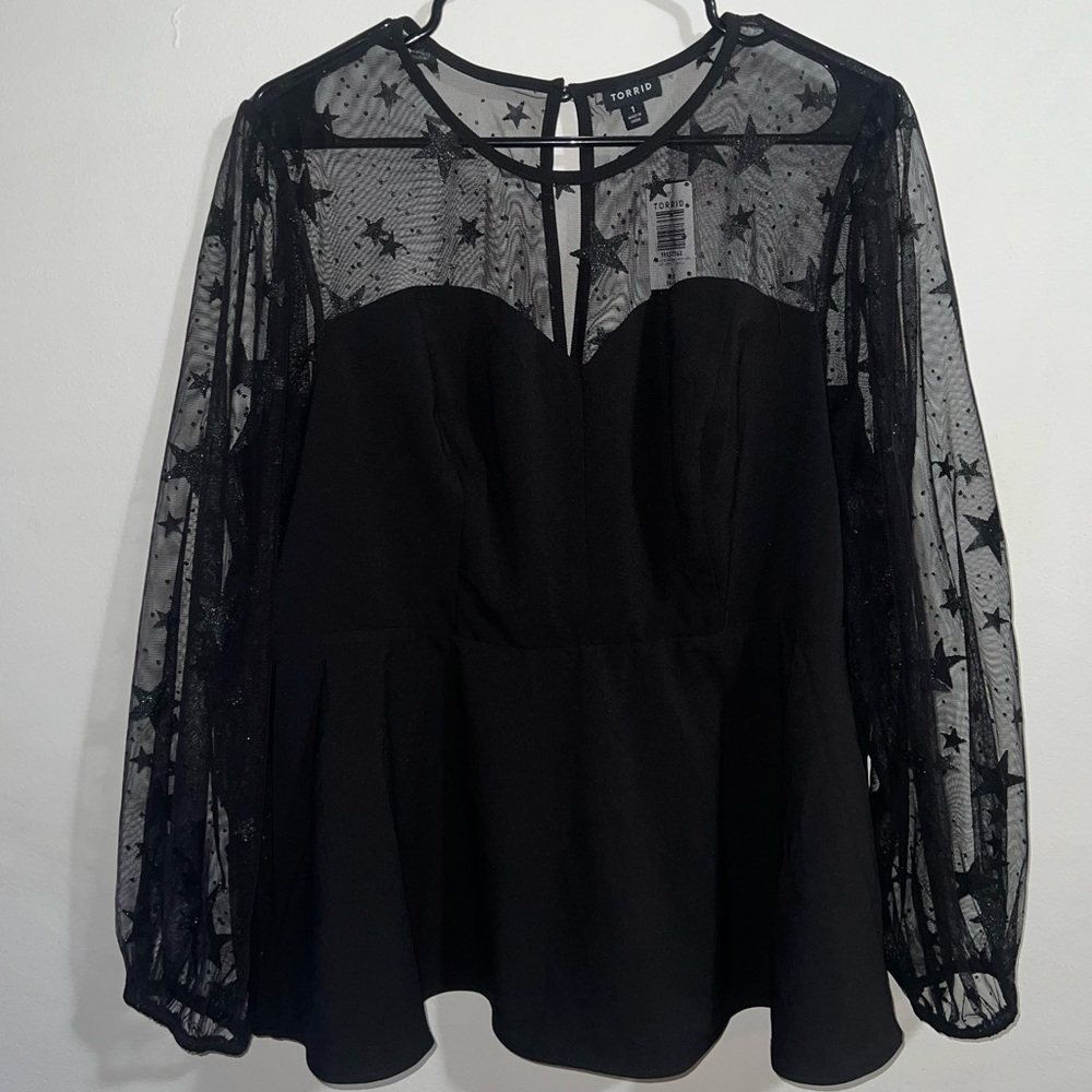 Peplum Stretch Woven Glitter Star Organza Top